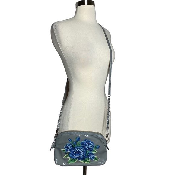 Sharif Patent Leather Gray Blue Embroidered Flower Crossbody Purse - Picture 1 of 9